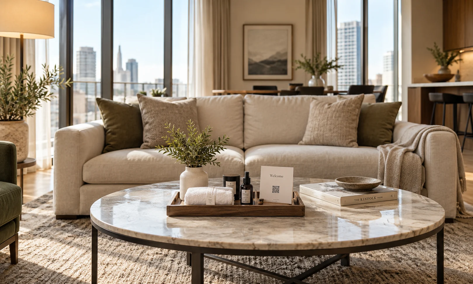 Sala de un departamento premium en Ciudad de México con un kit de bienvenida sobre la mesa de centro