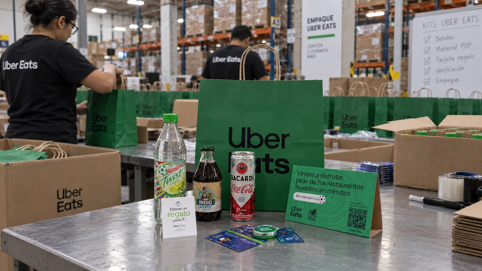 Armado de kits de Uber Eats en almacén, con las bolsas y el producto listos para ruteo