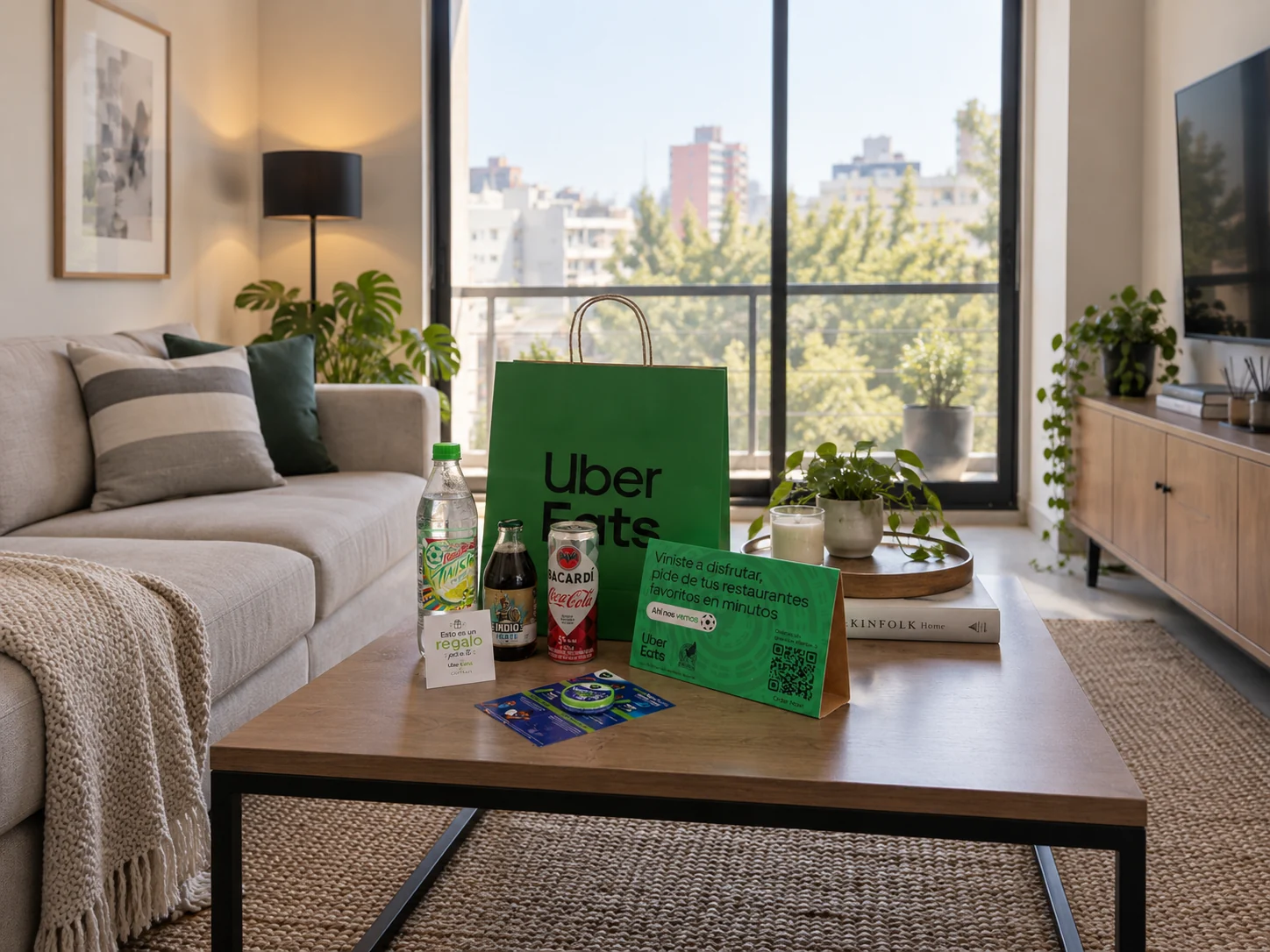 Kit de cortesía sobre la mesa de centro de la sala, a la vista desde la entrada