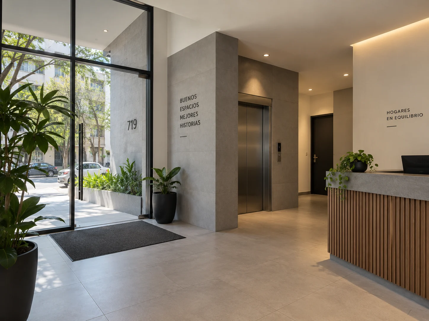 Lobby de un edificio de departamentos en renta corta administrado